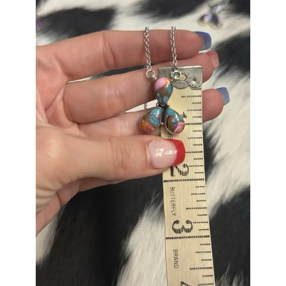 Southwest Sterling Silver 3 Stone Pink oyster Dahlia tear drop Bar Necklace